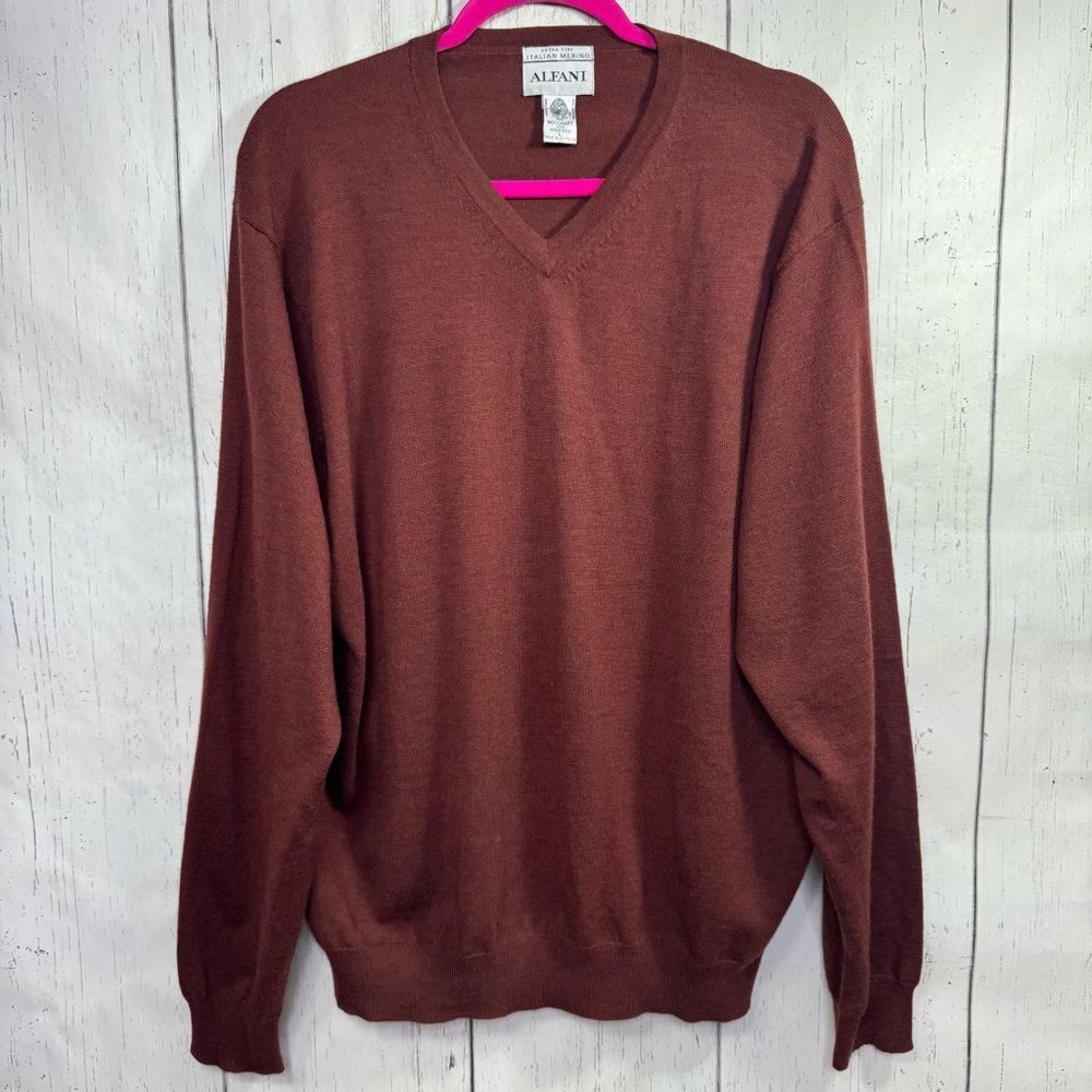 Alfani Extra Fine Italian Merino Wool V Neck Sweater Mens L Brown Preppy Fall